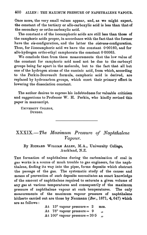 XXXIX.—The maximum pressure of naphthalene vapour