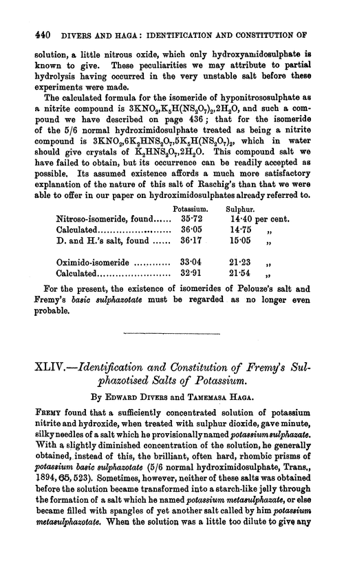 XLIV.—Identification and constitution of Fremy's sulphazotised salts of potassium