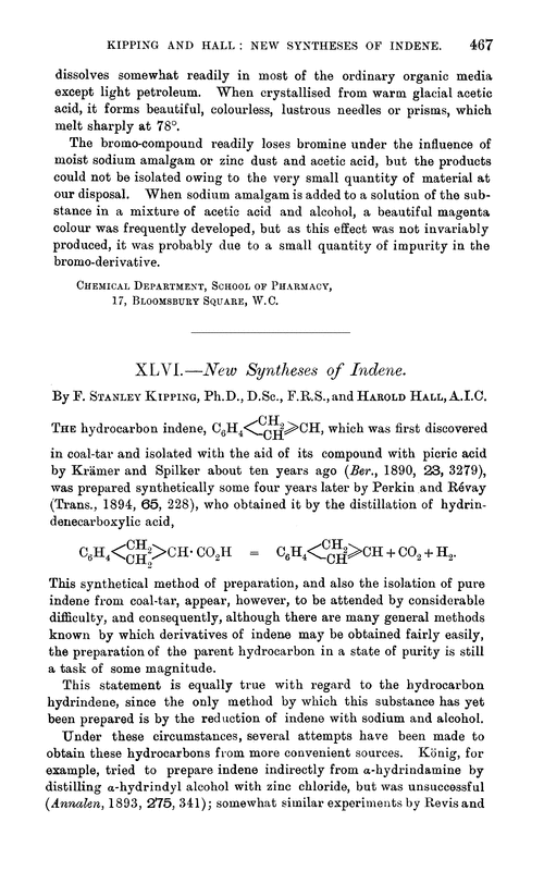 XLVI.—New syntheses of indene