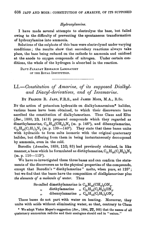 LI.—Constitution of amarine, of its supposed dialkyl- and diacyl-derivatives, and of isoamarine