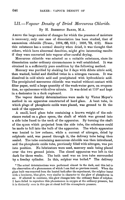 LII.—Vapour density of dried mercurous chloride