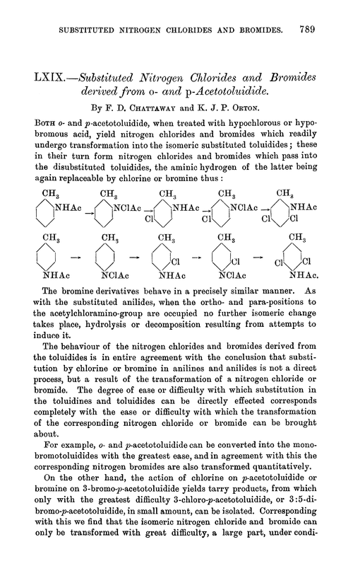 LXIX.—Substituted nitrogen chlorides and bromides derived from o- and p-acetotoluidide