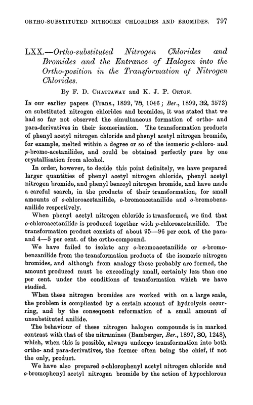 LXX.—Ortho-substituted nitrogen chlorides and bromides and the entrance of halogen into the ortho-position in the transformation of nitrogen chlorides