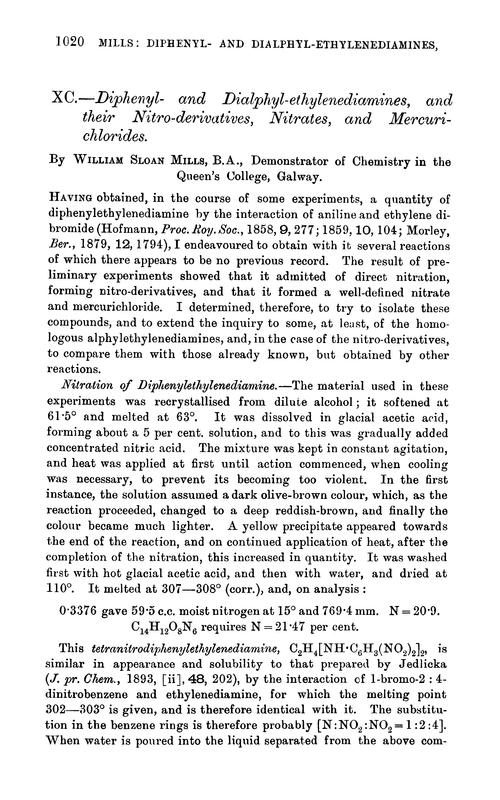 XC.—Diphenyl- and dialphyl-ethylenediamines, and their nitro-derivatives, nitrates, and mercurichlorides