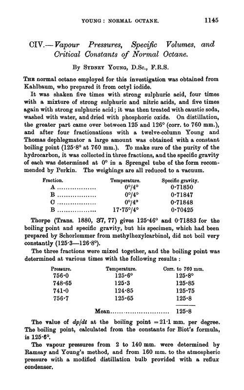 CIV.—Vapour pressures, specific volumes, and critical constants of normal octane