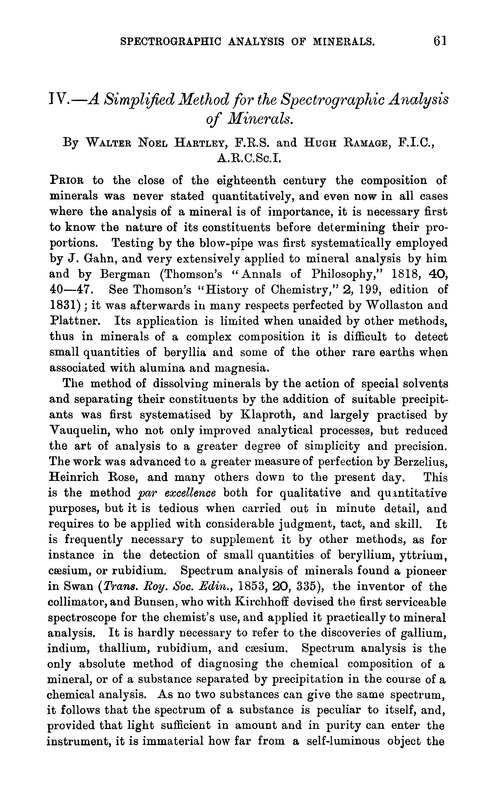 IV.—A simplified method for the spectrographic analysis of minerals