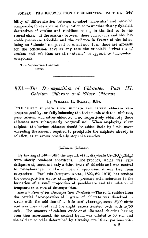 XXI.—The decomposition of chlorates. Part III. Calcium chlorate and silver chlorate