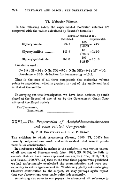 XXVI.—The preparation of acetylchloraminobenzene and some related compounds