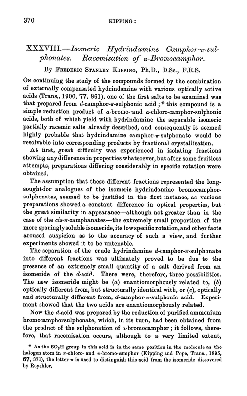 XXXVIII.—Isomeric hydrindamine camphor-π-sulphonates. Racemisation of α-bromocamphor