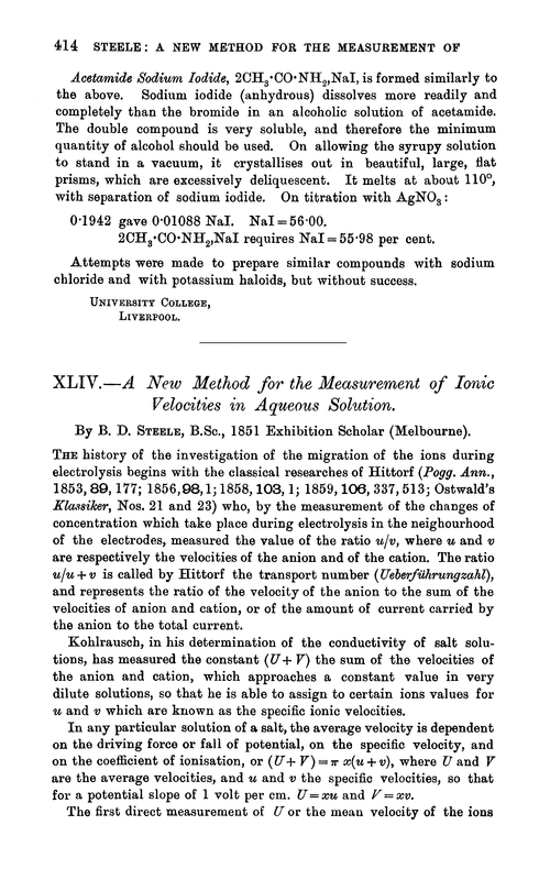 XLIV.—A new method for the measurement of ionic velocities in aqueous solution