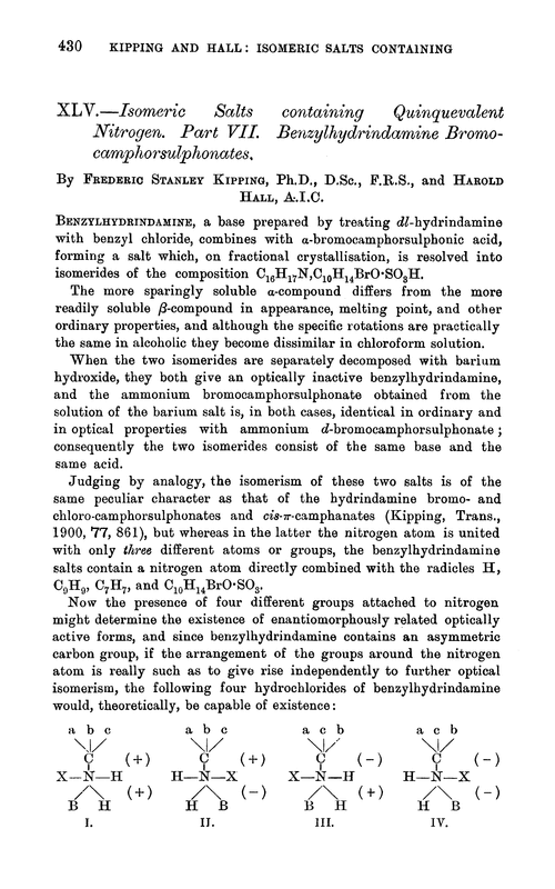 XLV.—Isomeric salts containing quinquevalent nitrogen. Part VII. Benzylhydrindamine bromocamphorsulphonates