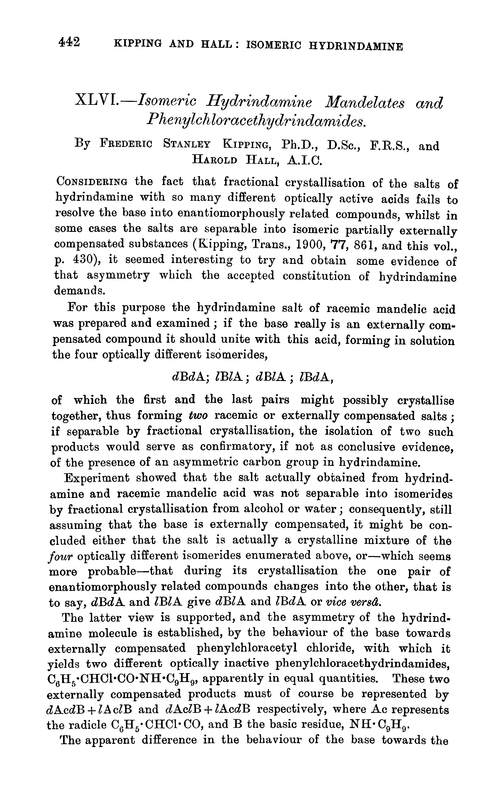 XLVI.—Isomeric hydrindamine mandelates and phenylchloracethydrindamides