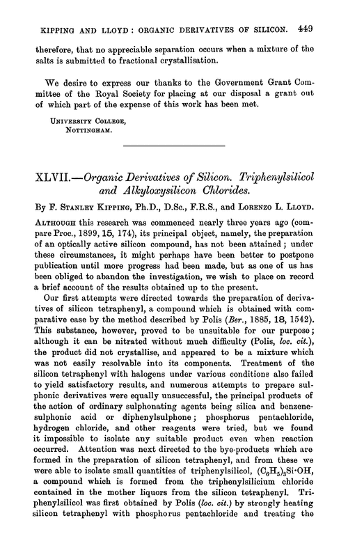 XLVII.—Organic derivatives of silicon. Triphenylsilicol and alkyloxysilicon chlorides