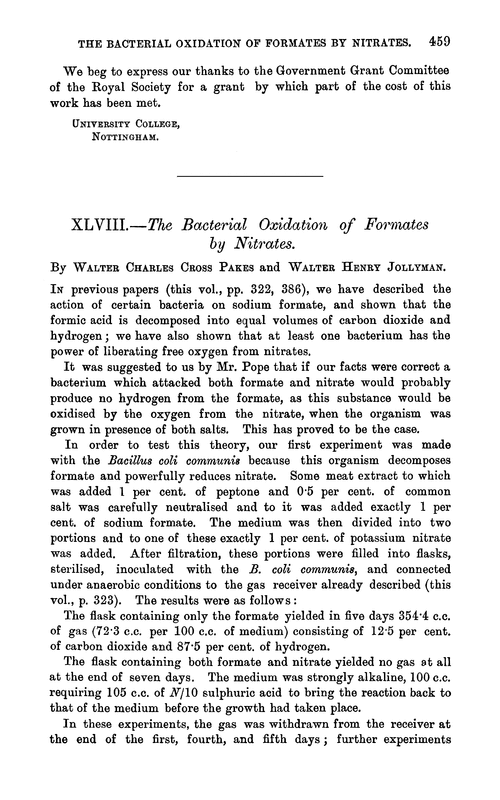 XLVIII.—The bacterial oxidation of formates by nitrates