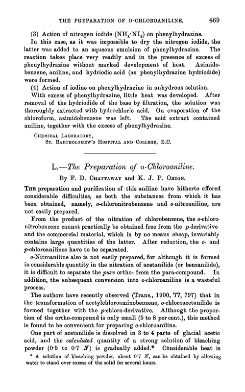 L.—The preparation of o-chloroaniline