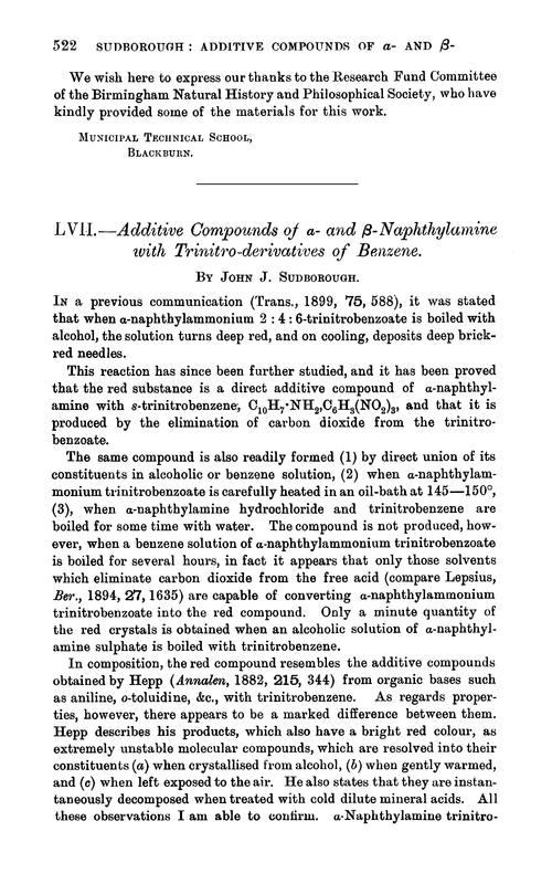 LVII.—Additive compounds of α- and β-naphthylamine with trinitro-derivatives of benzene