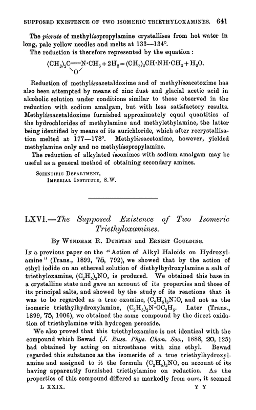 LXVI.—The supposed existence of two isomeric triethyloxamines