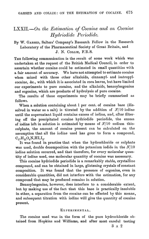 LXXII.—On the estimation of cocaine and on cocaine hydriodide periodide