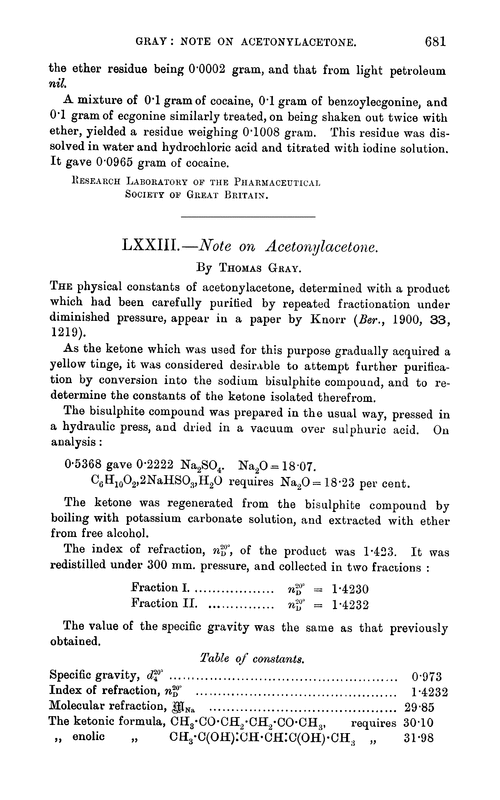 LXXIII.—Note on acetonylacetone