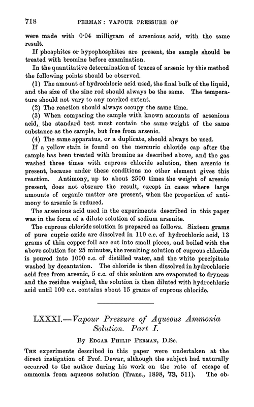 LXXXI.—Vapour pressure of aqueous ammonia solution. Part I