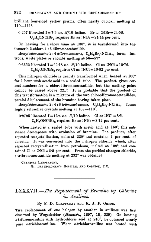 LXXXVII.—The replacement of bromine by chlorine in anilines
