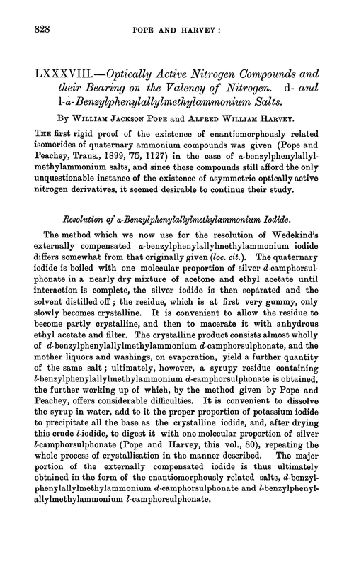 LXXXVIII.—Optically active nitrogen compounds and their bearing on the valency of nitrogen. d- and 1-α-Benzylphenylallylmethylammonium salts
