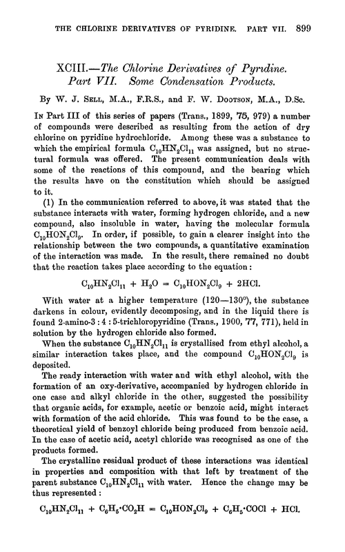 XCIII.—The chlorine derivatives of pyridine. Part VII. Some condensation products