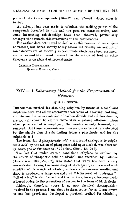 XCV.—A laboratory method for the preparation of ethylene