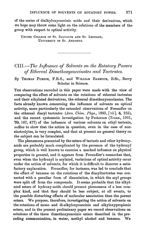 CIII.—The influence of solvents on the rotatory powers of ethereal dimethoxysuccinates and tartrates