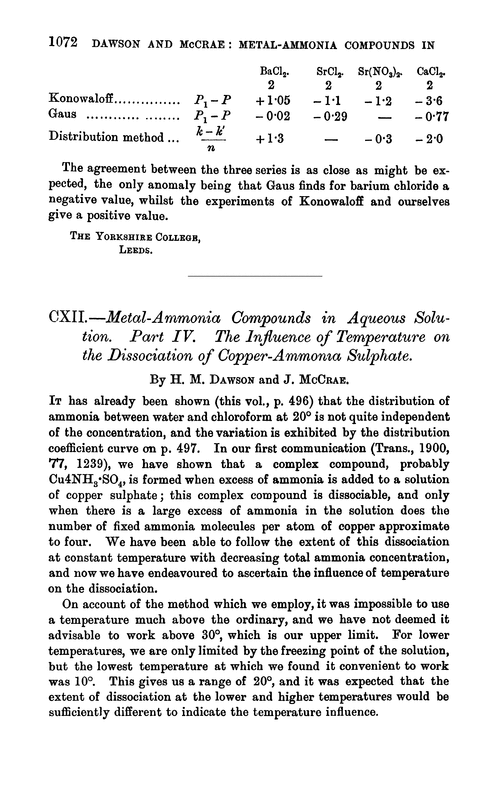 CXII.—Metal-ammonia compounds in aqueous solution. Part IV. The influence of temperature on the dissociation of copper-ammonia sulphate