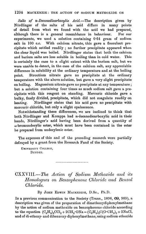 CXXVIII.—The action of sodium methoxide and its homologues on benzophenone chloride and benzal chloride