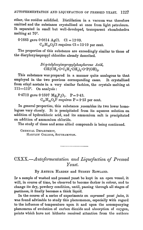 CXXX.—Autofermentation and liquefaction of pressed yeast