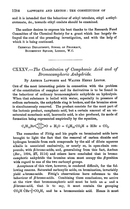 CXXXV.—The constitution of camphanic acid and of bromocamphoric anhydride