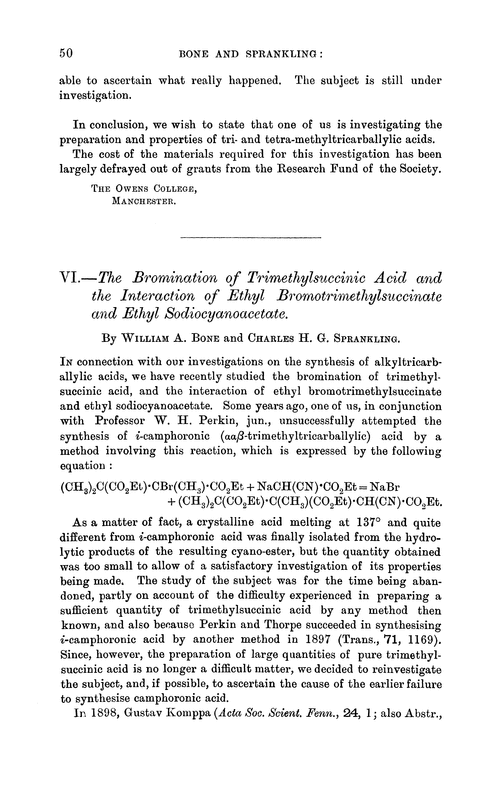 VI.—The bromination of trimethylsuccinic acid and the interaction of ethyl bromotrimethylsuccinate and ethyl sodiocyanoacetate