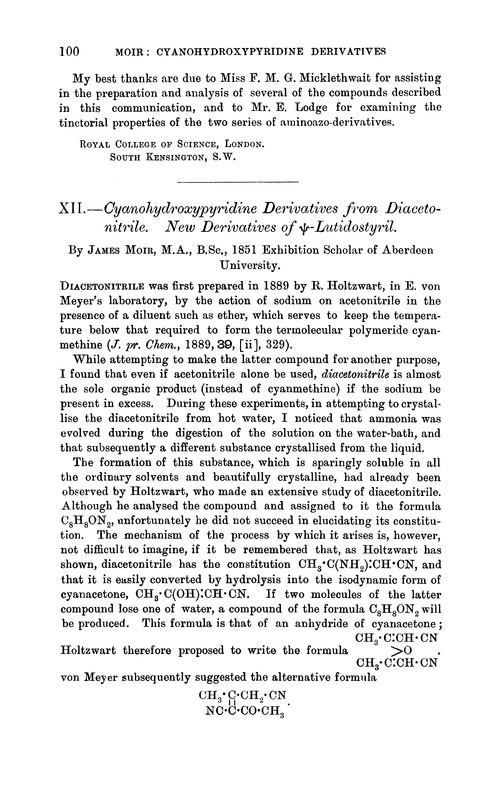 XII.—Cyanohydroxypyridine derivatives from diacetonitrile. New derivatives of ψ-lutidostyril