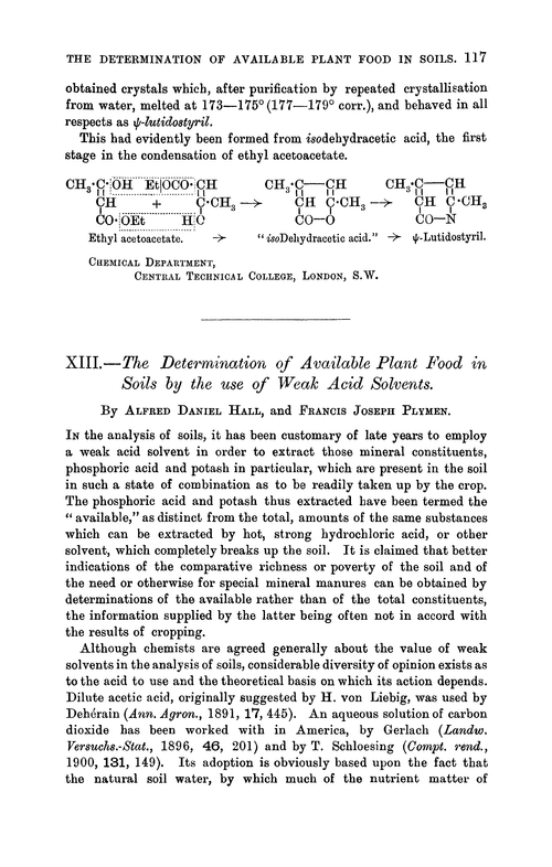 XIII.—The determination of available plant food in soils by the use of weak acid solvents