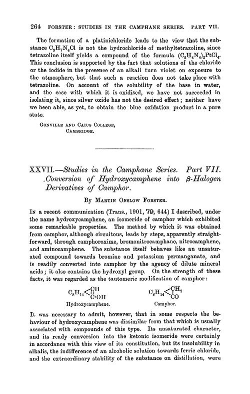 XXVII.—Studies in the camphane series. Part VII. Conversion of hydroxycamphene into β-halogen derivatives of camphor