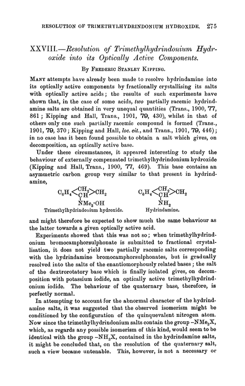 XXVIII.—Resolution of trimethylhydrindonium hydroxide into its optically active components