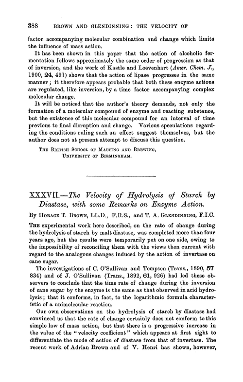 XXXVII.—The velocity of hydrolysis of starch by diastase, with some remarks on enzyme action