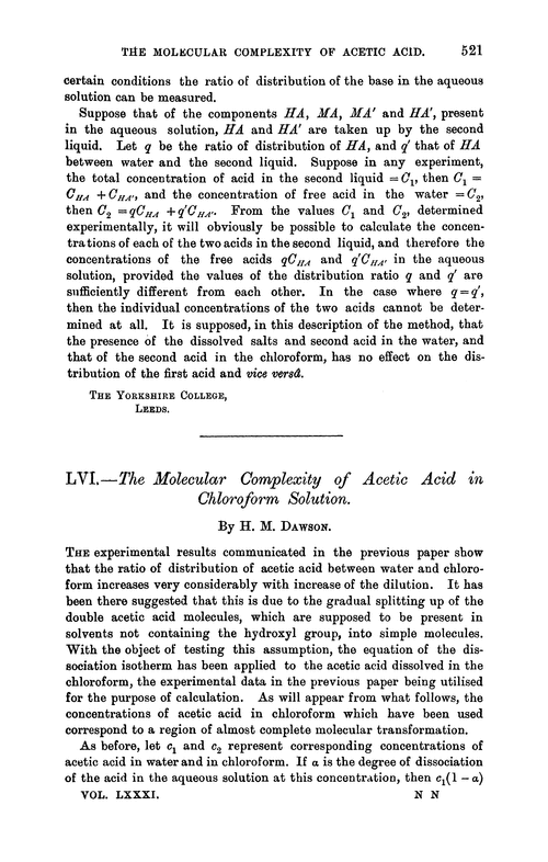 LVI.—The molecular complexity of acetic acid in chloroform solution