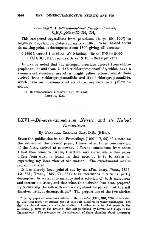 LXVI.—Dimercurammonium nitrite and its haloid derivatives