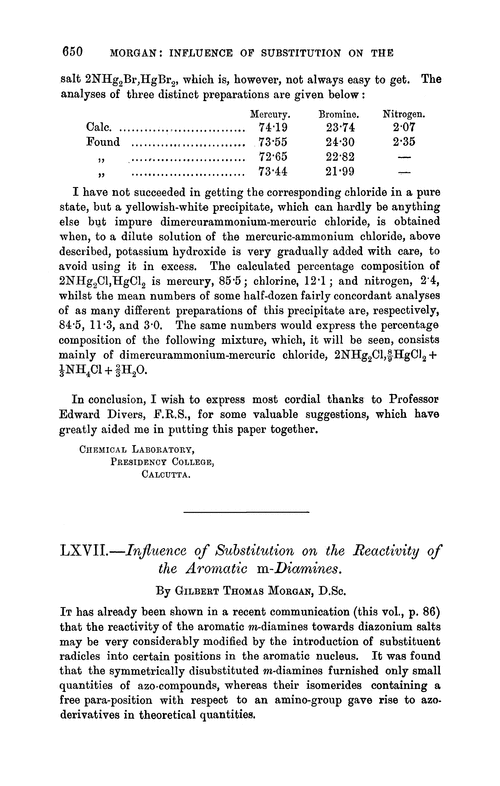 LXVII.—Influence of substitution on the reactivity of the aromatic m-diamines