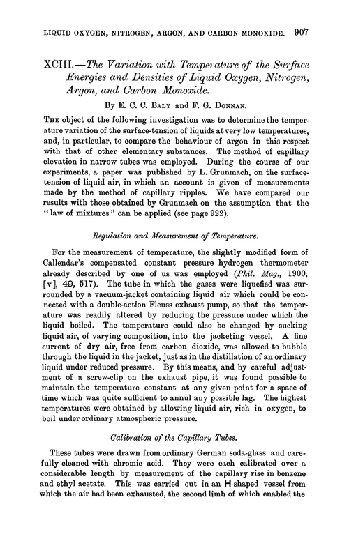 XCIII.—The variation with temperature of the surface energies and densities of liquid oxygen, nitrogen, argon, and carbon monoxide