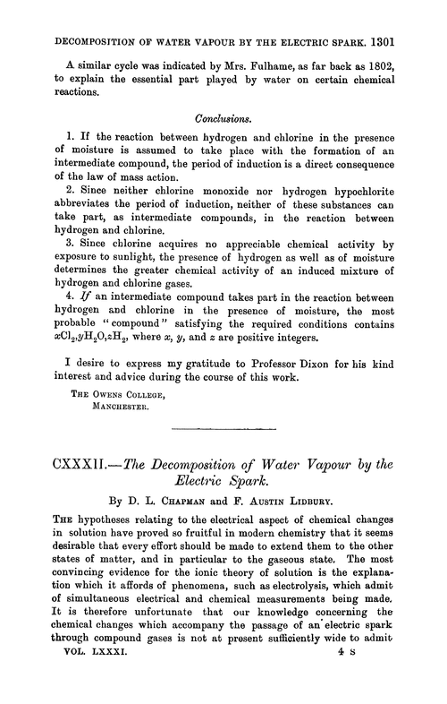 CXXXII.—The decomposition of water vapour by the electric spark