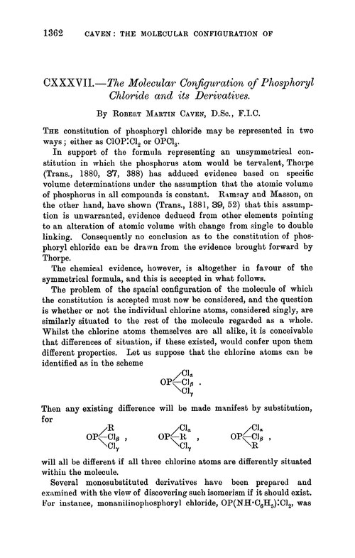 CXXXVII.—The molecular configuration of phosphoryl chloride and its derivatives