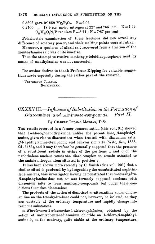 CXXXVIII.—Influence of substitution on the formation of diazoamines and aminoazo-compounds. Part II