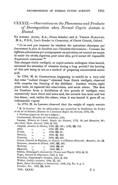 CXXXIX.—Observations on the phenomena and products of decomposition when normal cupric acetate is heated