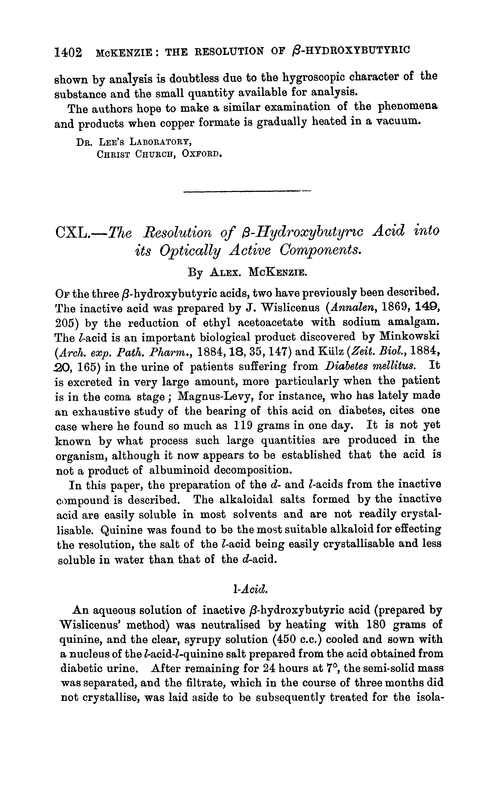 CXL.—The resolution of β-hydroxybutyric acid into its optically active components