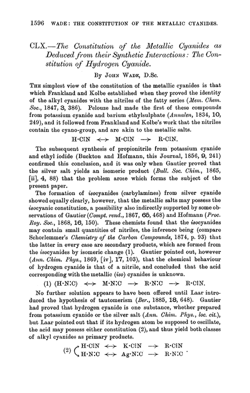 CLX.—The constitution of the metallic cyanides as deduced from their synthetic interactions: the constitution of hydrogen cyanide