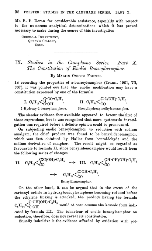 IX.—Studies in the camphane series. Part X. The constitution of enolic benzoylcamphor